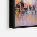 Obraz w ramie 50x50 - Miasto Refleksji - olejna panorama miasta w oddali, wiezowce odbijają się w rzece - rama czarna