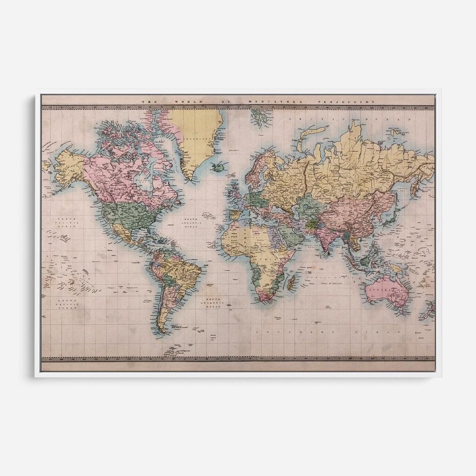 Obraz w ramie 100x70 - Światło Przeszłości - retro mapa świata, mapa - rama biała