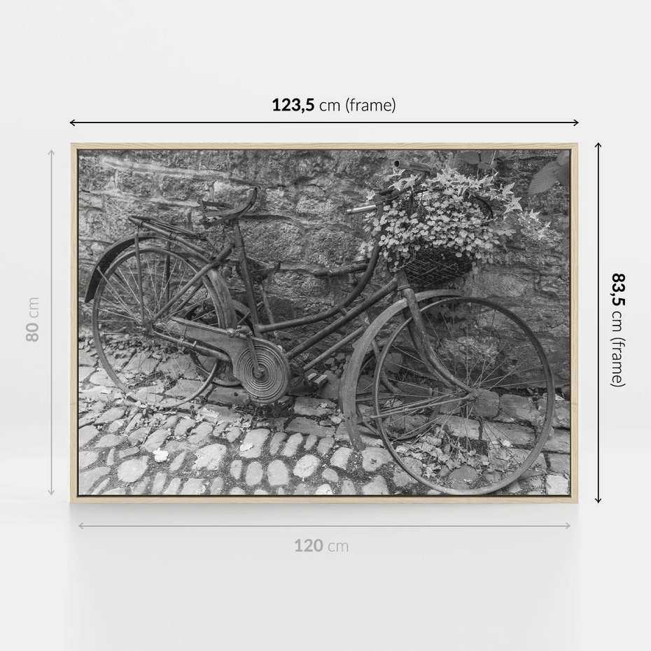 Obraz w ramie 120x80 - Zapomniany Urok - czarno biała fotografia, stary rower oparty o mur - rama drewno