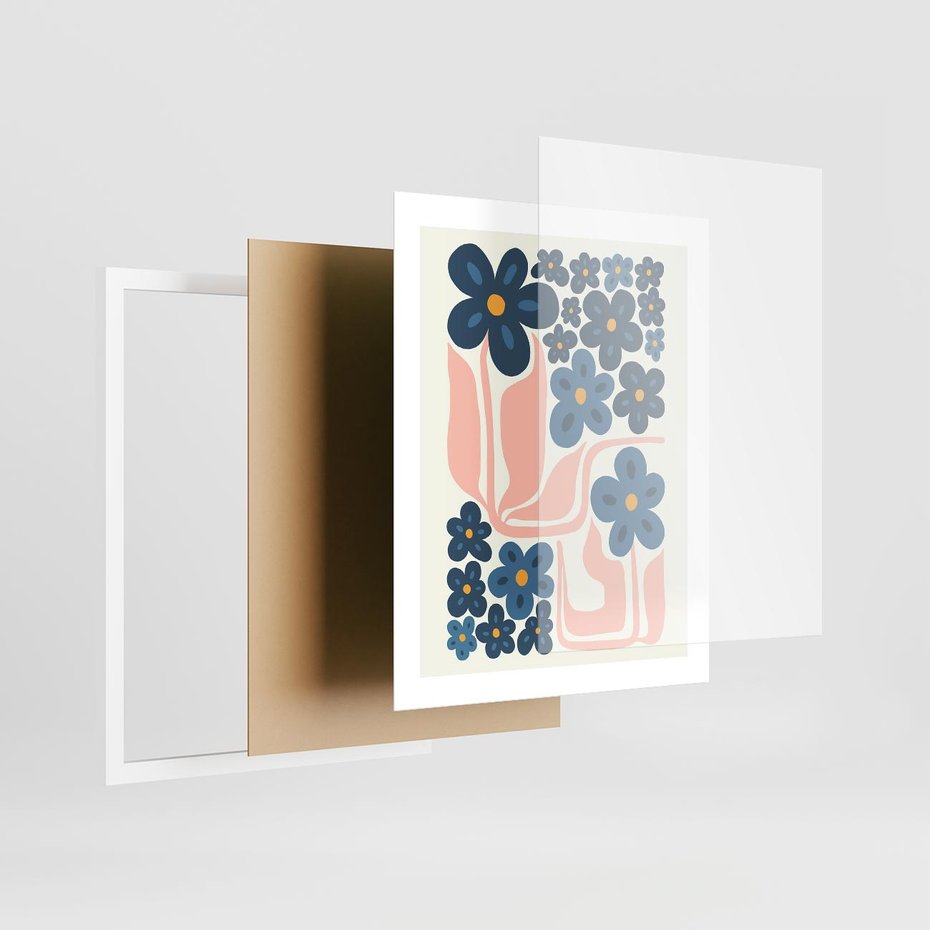 Plakat w ramie 40x50 - Niebieskie Refleksje - niebieskie kwiaty, niezapominajki - rama biała