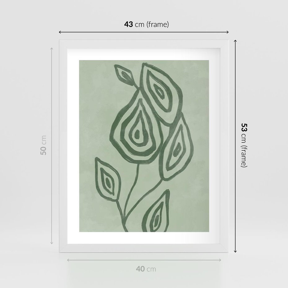 Plakat w ramie 40x50 - Szmaragdowy Oddech - abstrakcyjne delikatne zielone linie, podobne do gałęzi kwiatów - rama biała