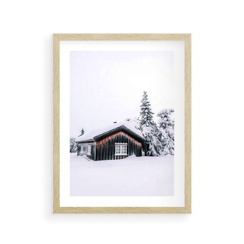 Plakat w ramie 40x50 - Zimowy Azyl: Domek w Górach - domek w górach, śnieg - rama drewno