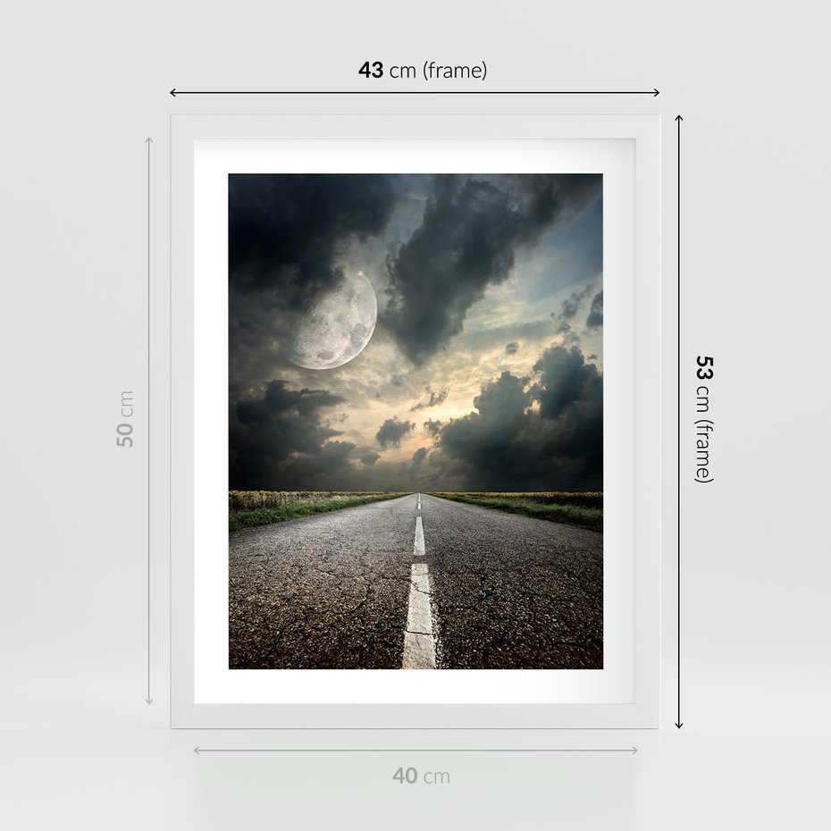 Plakat w ramie 40x50 - magia nocnej drogi - droga, księżyc - rama biała