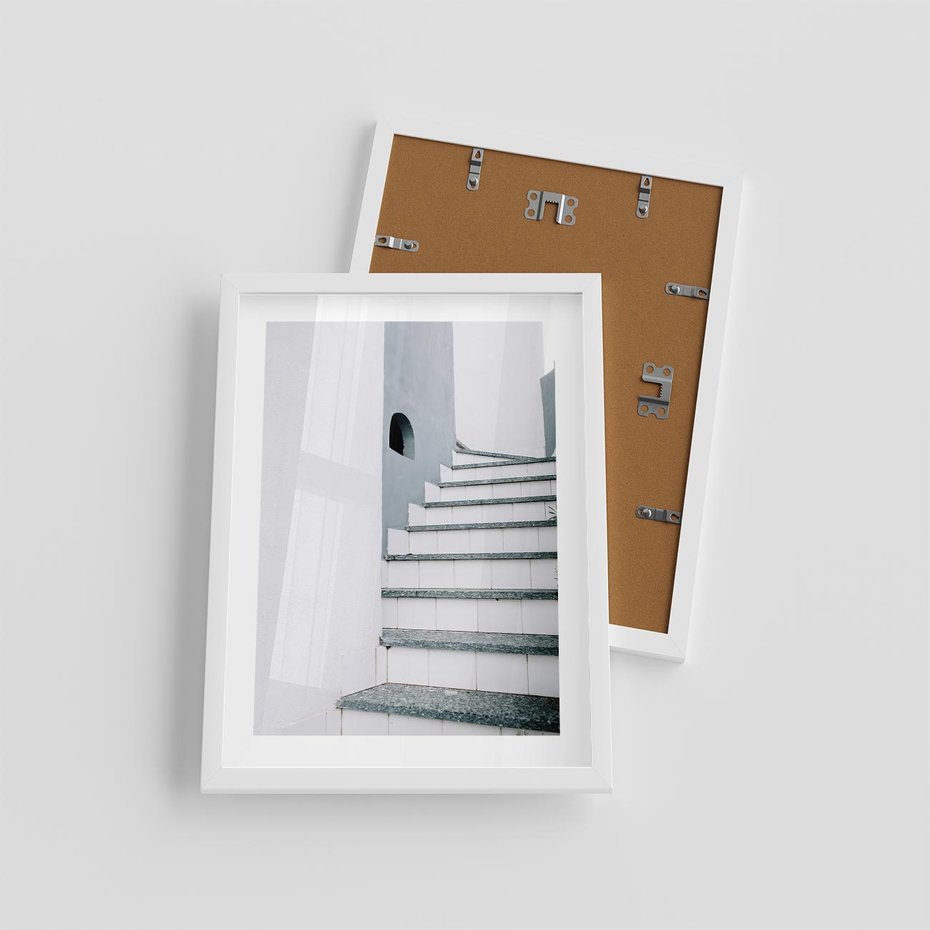 Plakat w ramie 30x40 - Schody ku Urokowi Wyspy - schody, santorini - rama biała