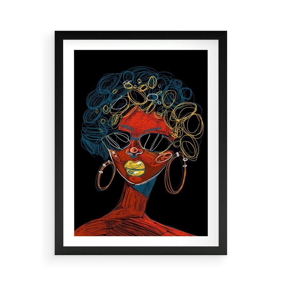 Plakat w ramie 50x70 - Kolorowe Wibracje Rzeczywistości - abstrakcyjny portret kobiety, twarz - rama czarna
