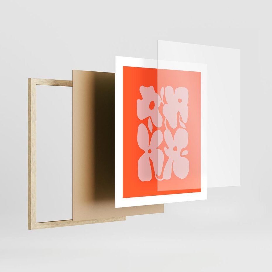 Plakat w ramie 40x50 - Taniec Abstrakcji - kwiaty, energetyczne pomarańczowe tłó - rama drewno