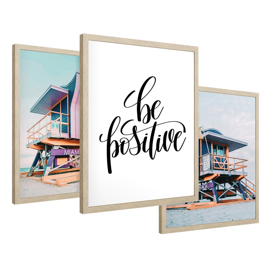 Zestaw obrazy w ramie 30x40 galeria - Be, positive, plaża, kolory - rama drewno