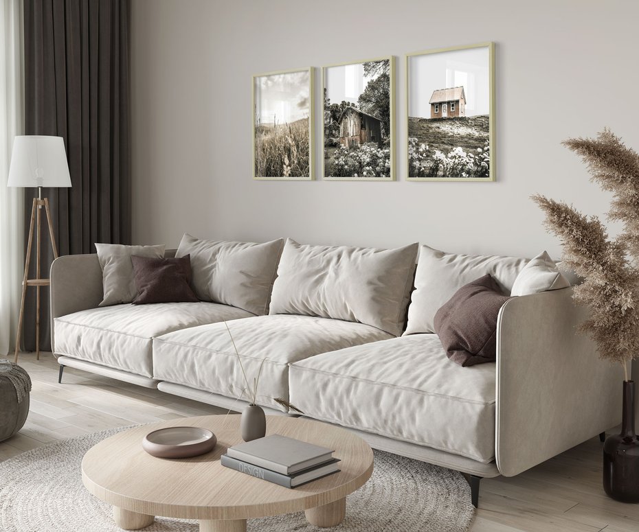 Zestaw obrazy w ramie 50x70 galeria - Domki, pola, łąki, w, sepii - rama drewno