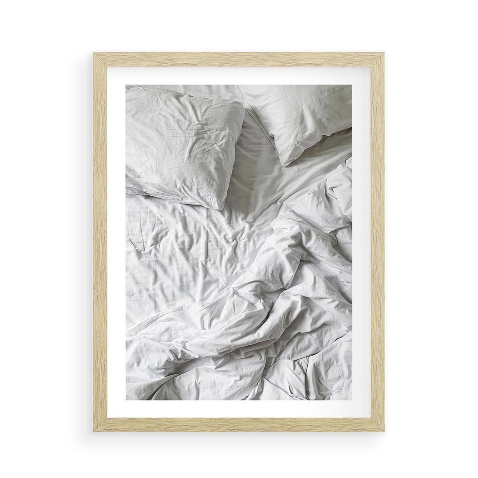 Plakat w ramie 50x70 - Biała Pościel na Łóżku - biała pościel, łóżko - rama drewno