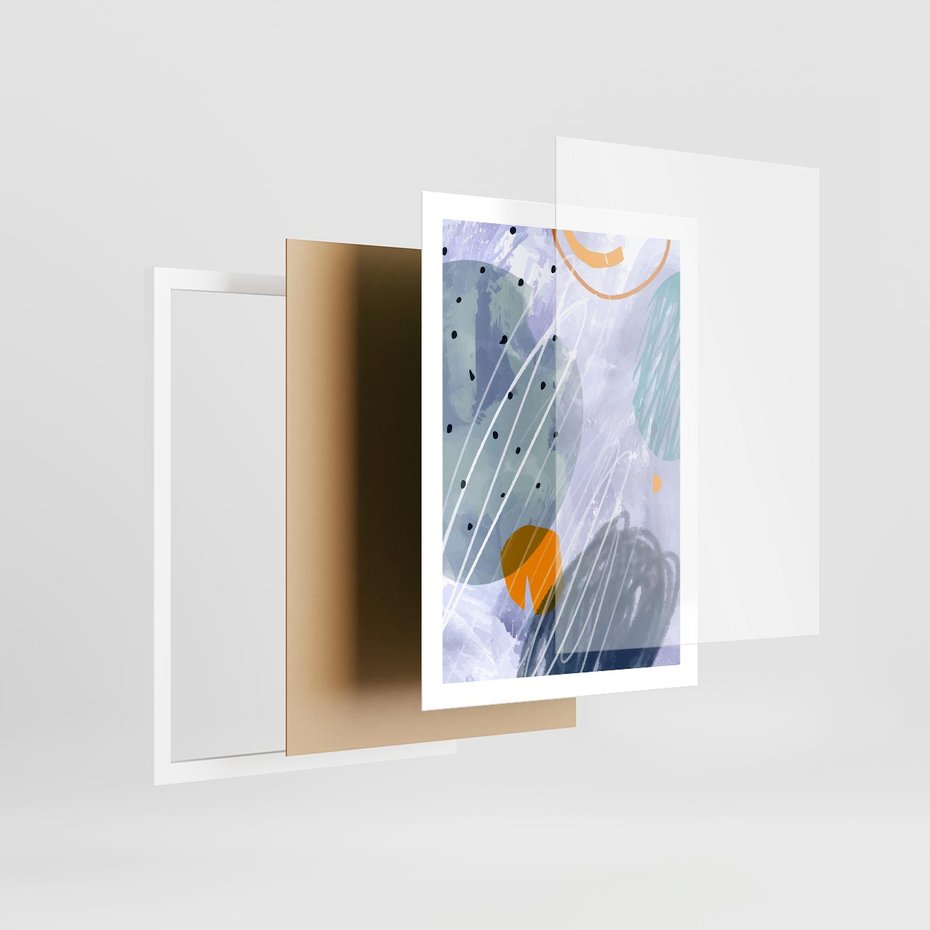 Plakat w ramie 50x70 - Pastelowe Przenikanie - abstrakcyjny plakat do młodzieżowego pokoju, granaty fiolety - rama biała