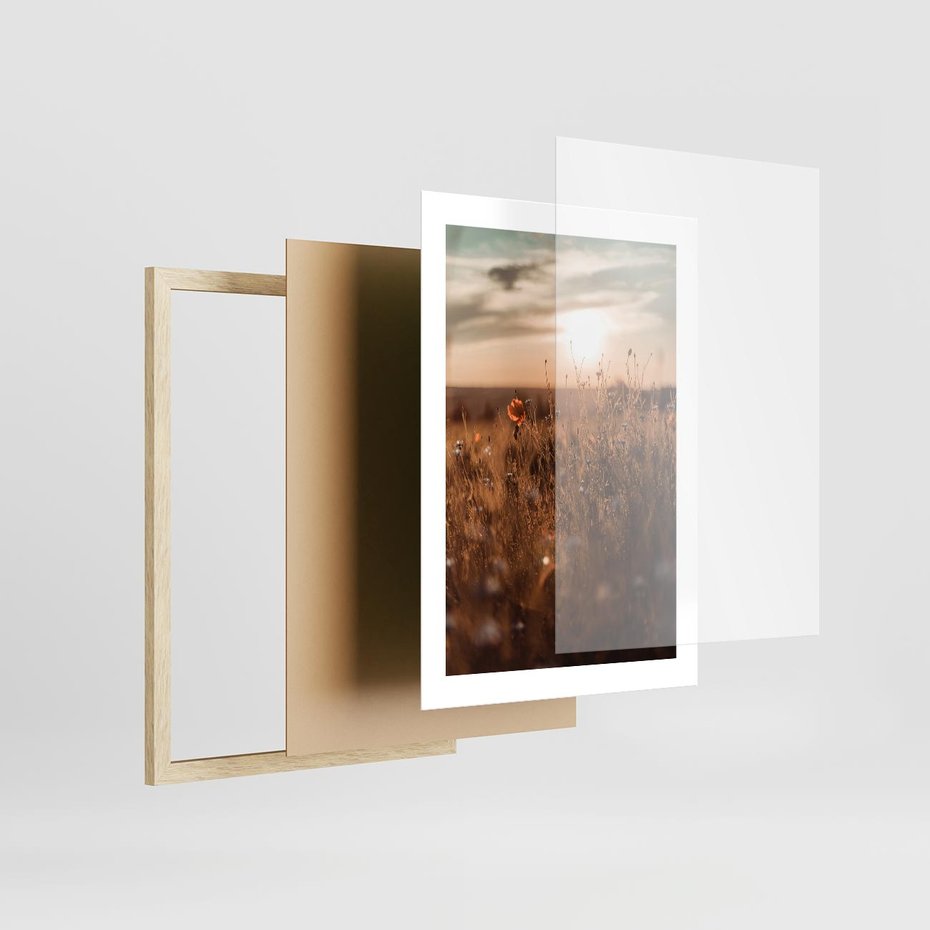 Plakat w ramie 30x40 - Zachwyt zachodem słońca na łące - zachód, słońca - rama drewno