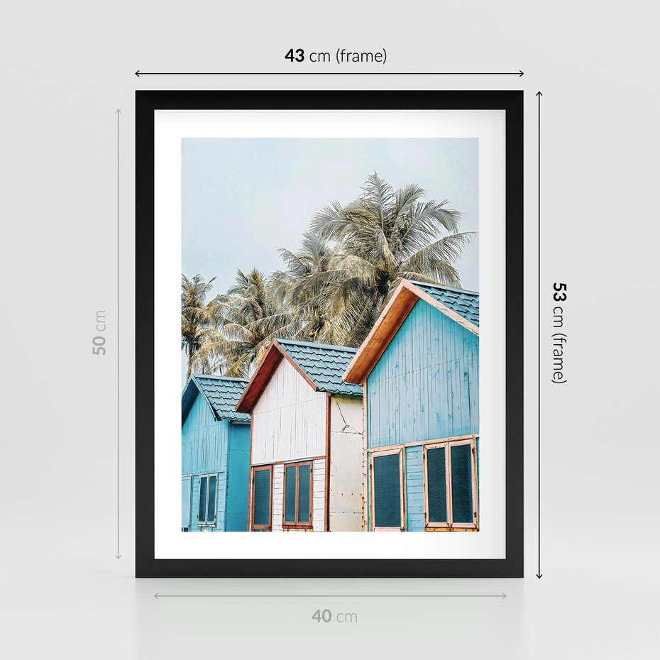 Plakat w ramie 40x50 - Rajskie Wakacje - domki na plaży, błękitne domki - rama czarna
