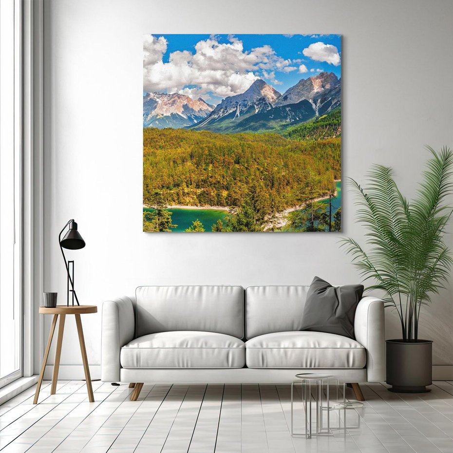 Obraz na płótnie 40x40 - Górska harmonia las i szczyty - góry, las