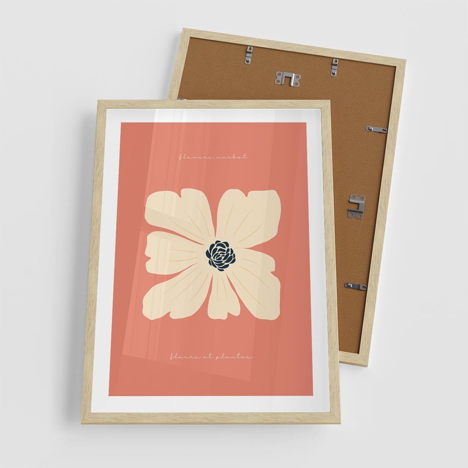 Plakat w ramie 50x70 - Malowane Kolorowe Echa - minimalistyczna grafika, biały kwiat na różowym tle - rama drewno