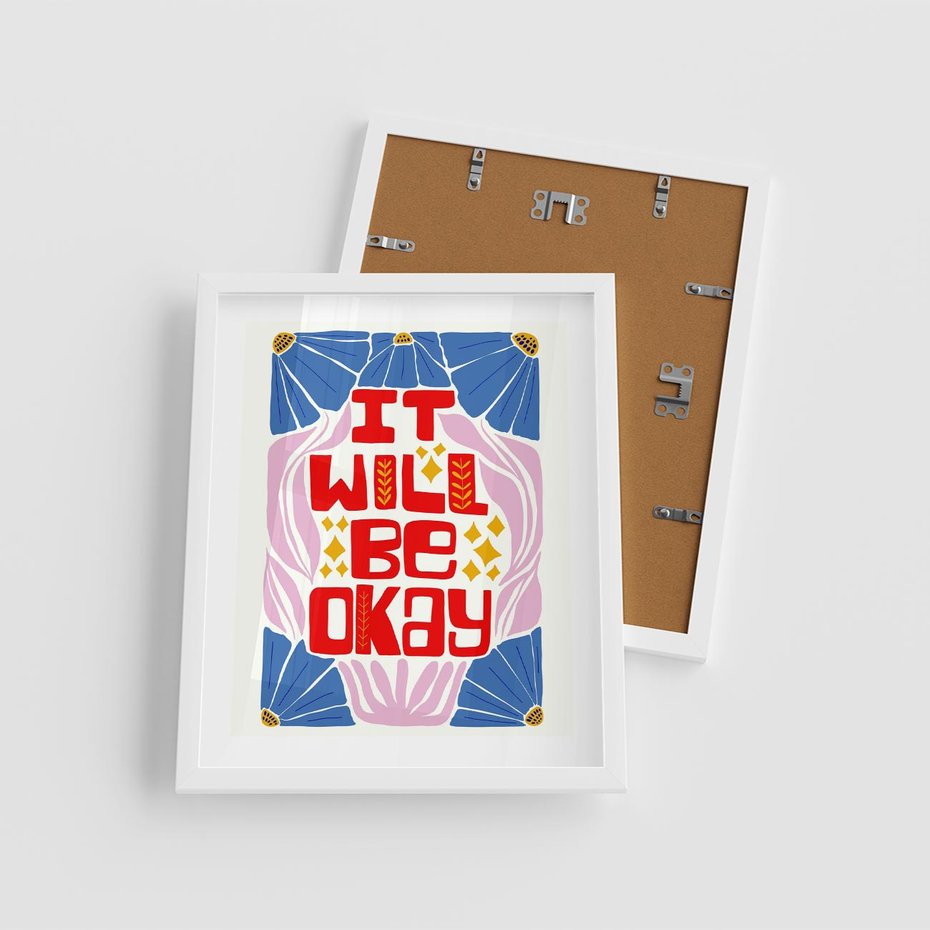 Plakat w ramie 40x50 - Kwiatowa Ekstaza - czerwona pozytywna typografia, kwiatowa kompozycja - rama biała