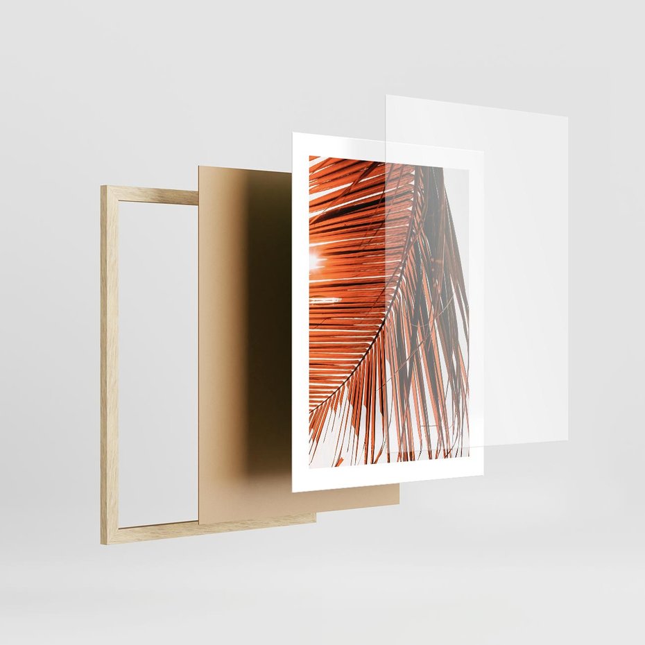 Plakat w ramie 30x40 - Słońce na Palmie - palma, promienie słońca - rama drewno