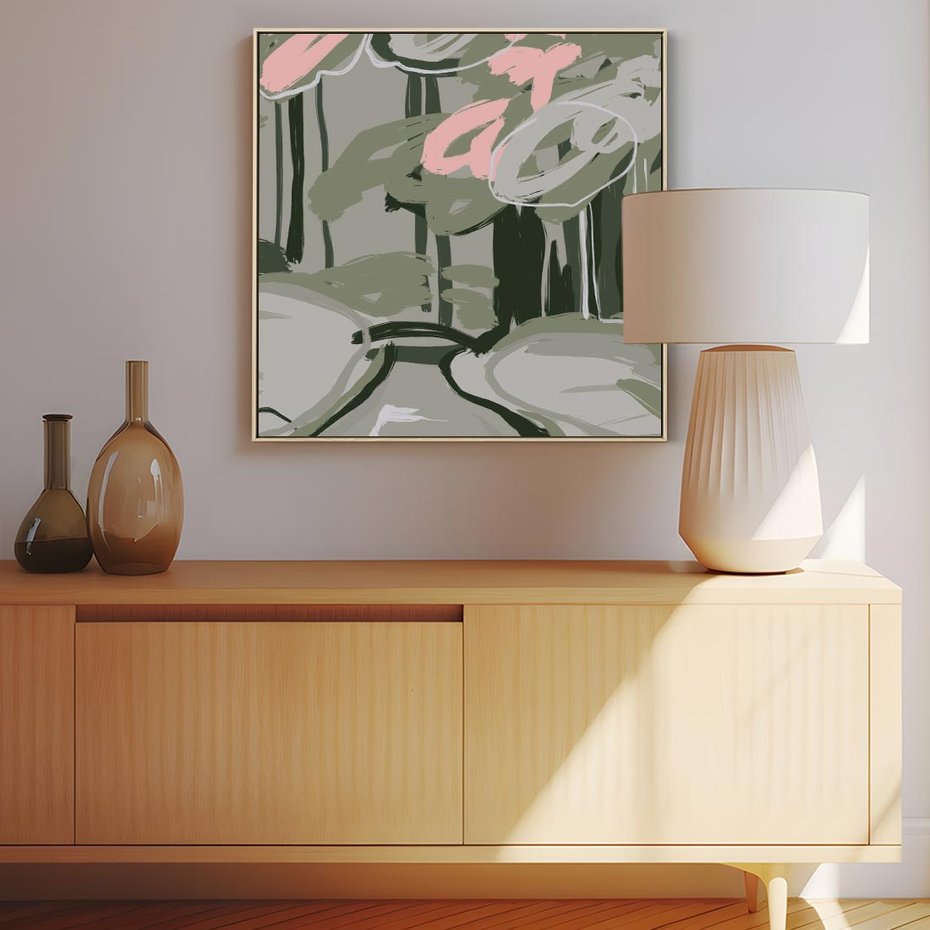 Obraz w ramie 50x50 - Leśny Zakątek - pastelowy krajobraz, nowoczesny plakat - rama drewno