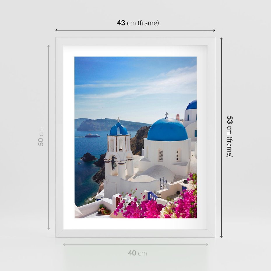 Plakat w ramie 40x50 - Perspektywa na Santorini - Santorini, perspektywa - rama biała