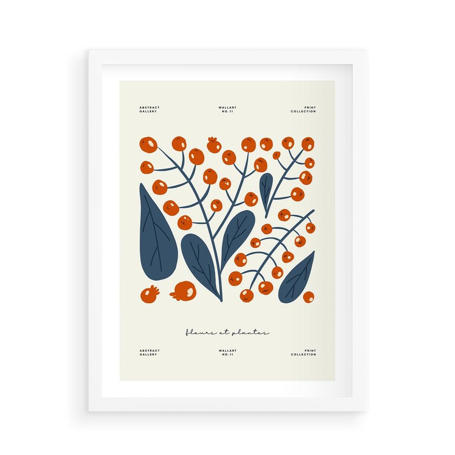 Plakat w ramie 50x70 - Minimalistyczna Uroda Jarzębin - jarzębiny, niebieskie liście - rama biała