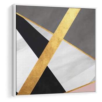 Obraz w ramie 80x80 - Pudrowe Abstrakcyjne Lustra - złote abstrakcyjne linie, szarość - rama biała