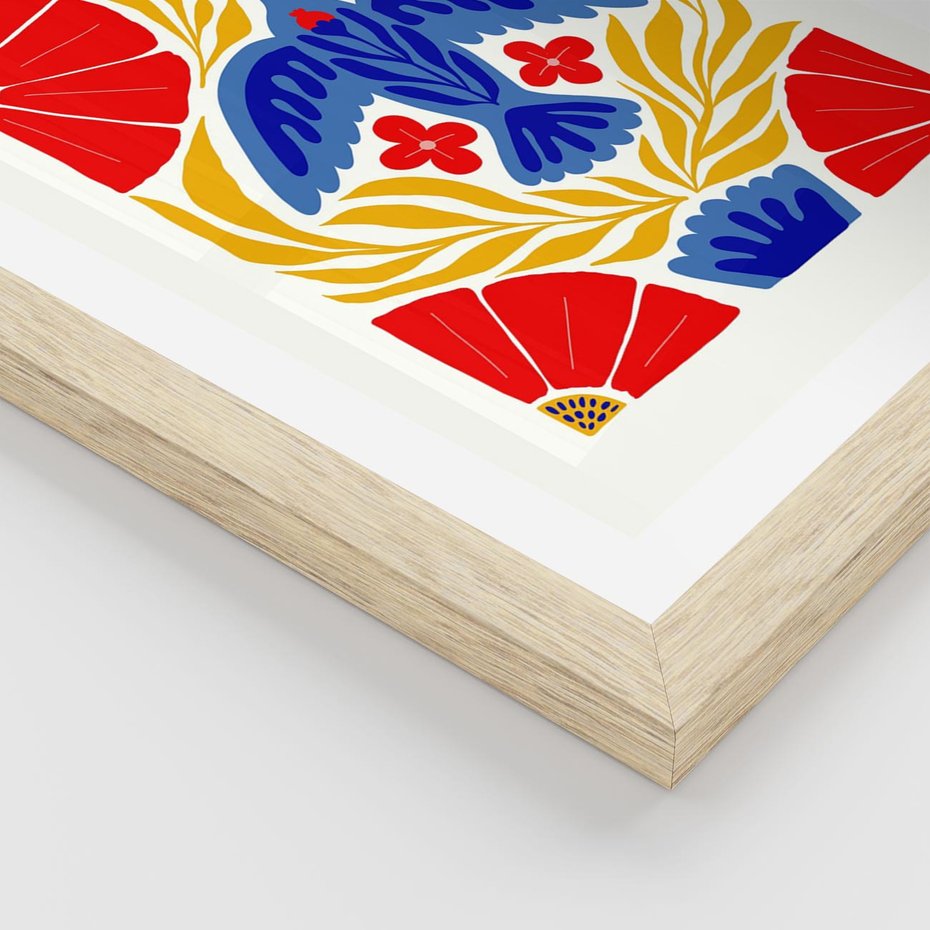 Plakat w ramie 40x50 - Eklektyczny Majestat - wyrazista grafika, mocne kolory czerwień niebieski żółty - rama drewno