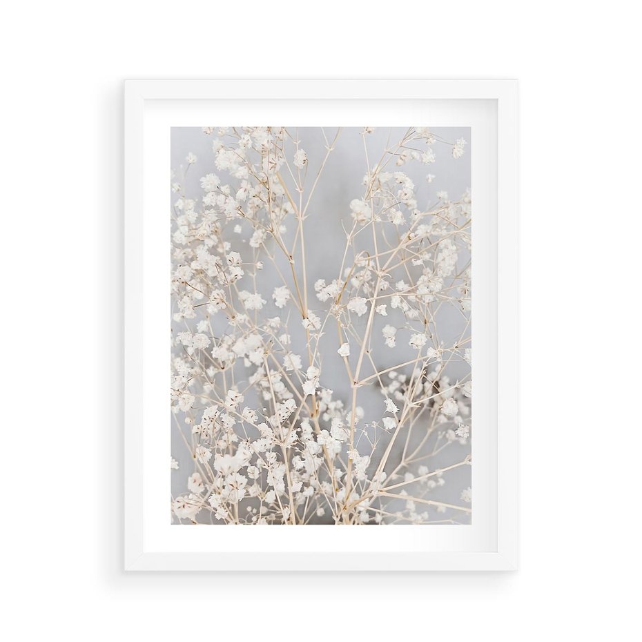 Plakat w ramie 40x50 - Białe Drobne Kwiaty - gipsówka, białe drobne kwiatki - rama biała