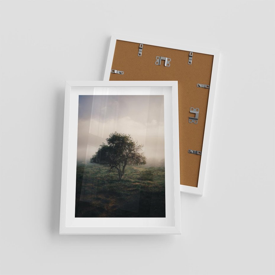 Plakat w ramie 30x40 - Zamglona Prostota - artystyczna fotografia, samotne drzewo na zamglonej łące - rama biała