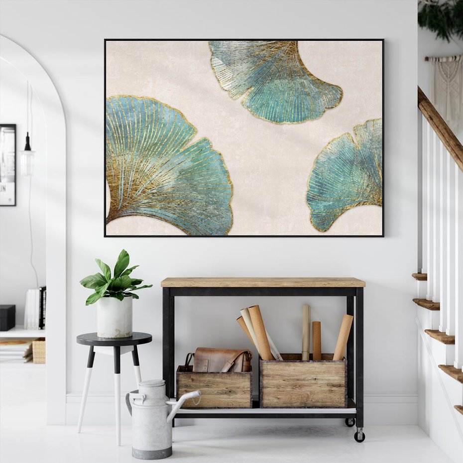 Obraz w ramie 100x70 - Złota Melodia Liści - złote, turkusowe liście miłorzębu - rama czarna