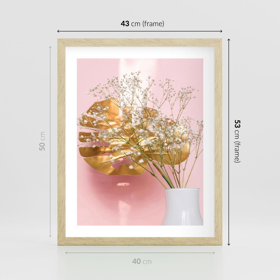 Plakat w ramie 40x50 - Złoty Akcent - złoty liść montery, gipsówka - rama drewno