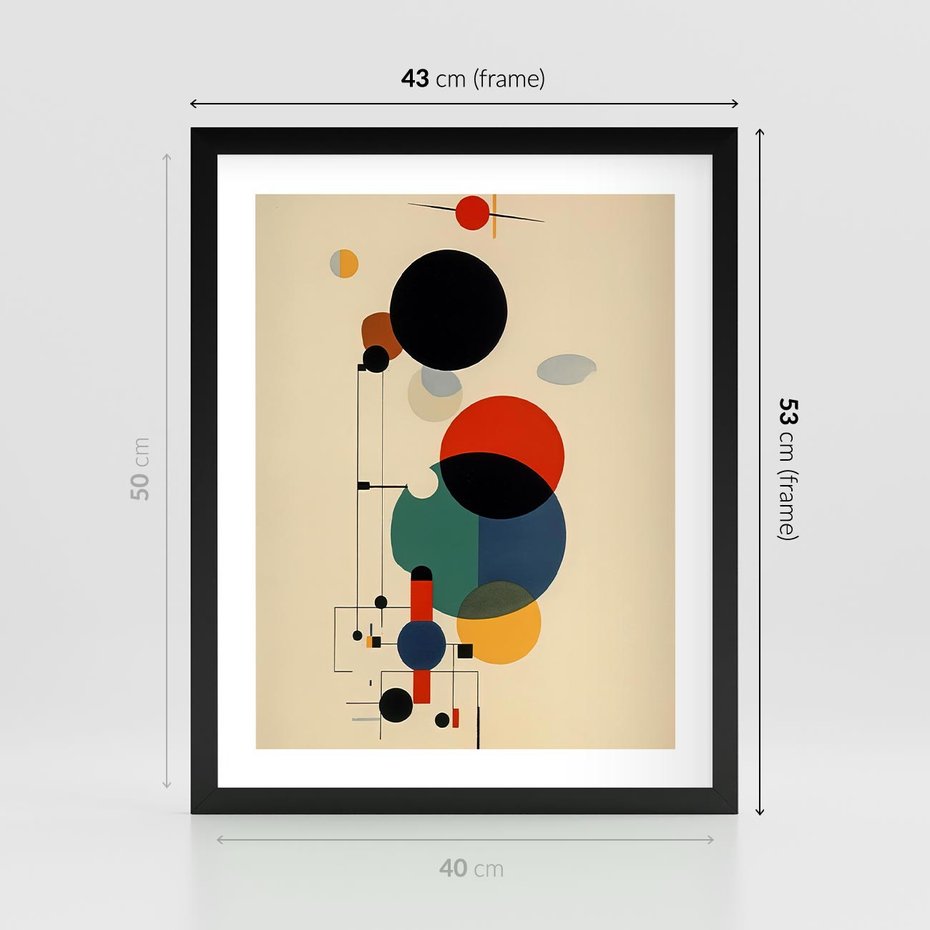 Plakat w ramie 40x50 - Migocące Impresje Odniesień - abstrakcyjna geometryczna kompozycja, koła linie - rama czarna