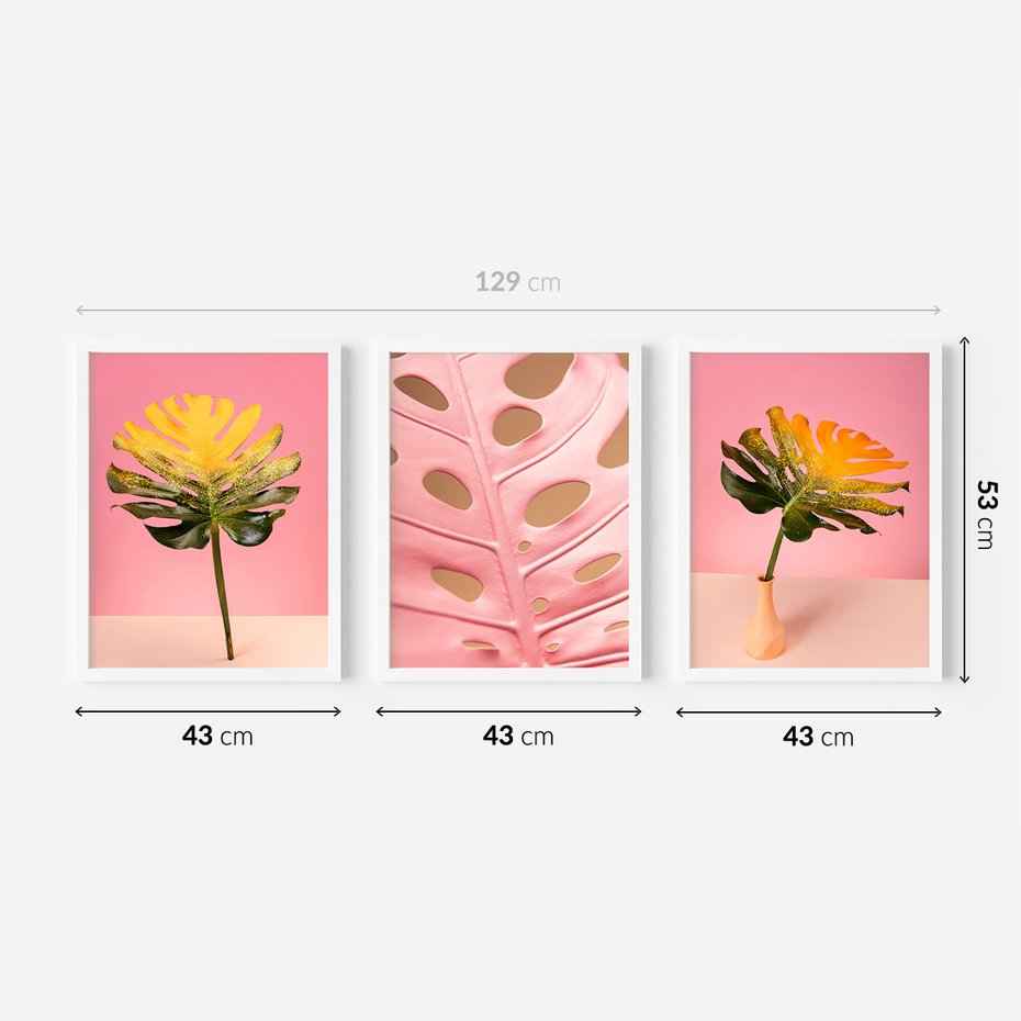 Zestaw obrazy w ramie 40x50 galeria - Monstera, liście, retro, pastele - rama biała