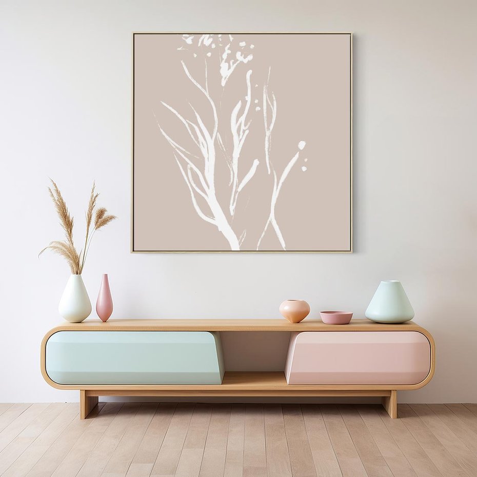 Obraz w ramie 80x80 - Impresje Pastelowych Nastrojów - minimalistyczny delikatny obraz, beżowe odcienie - rama drewno