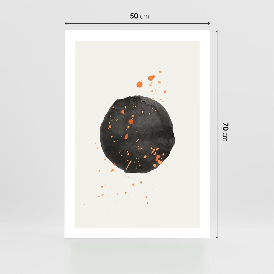Plakat bez ramy 50x70 - Wibracje Kolorów - abstrakcyjna czarna plama, rozsiane pomarańczowe kropki