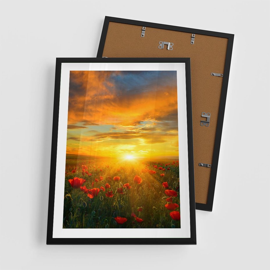 Plakat w ramie 50x70 - Magia zachodu słońca na łące z makami - łąka, zachód słońca - rama czarna