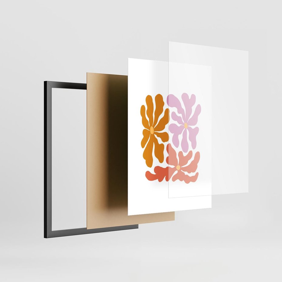 Plakat w ramie 50x70 - Rozbijające Refleksje - abstrakcyjne kolorowe kwiaty, minimlizm - rama czarna