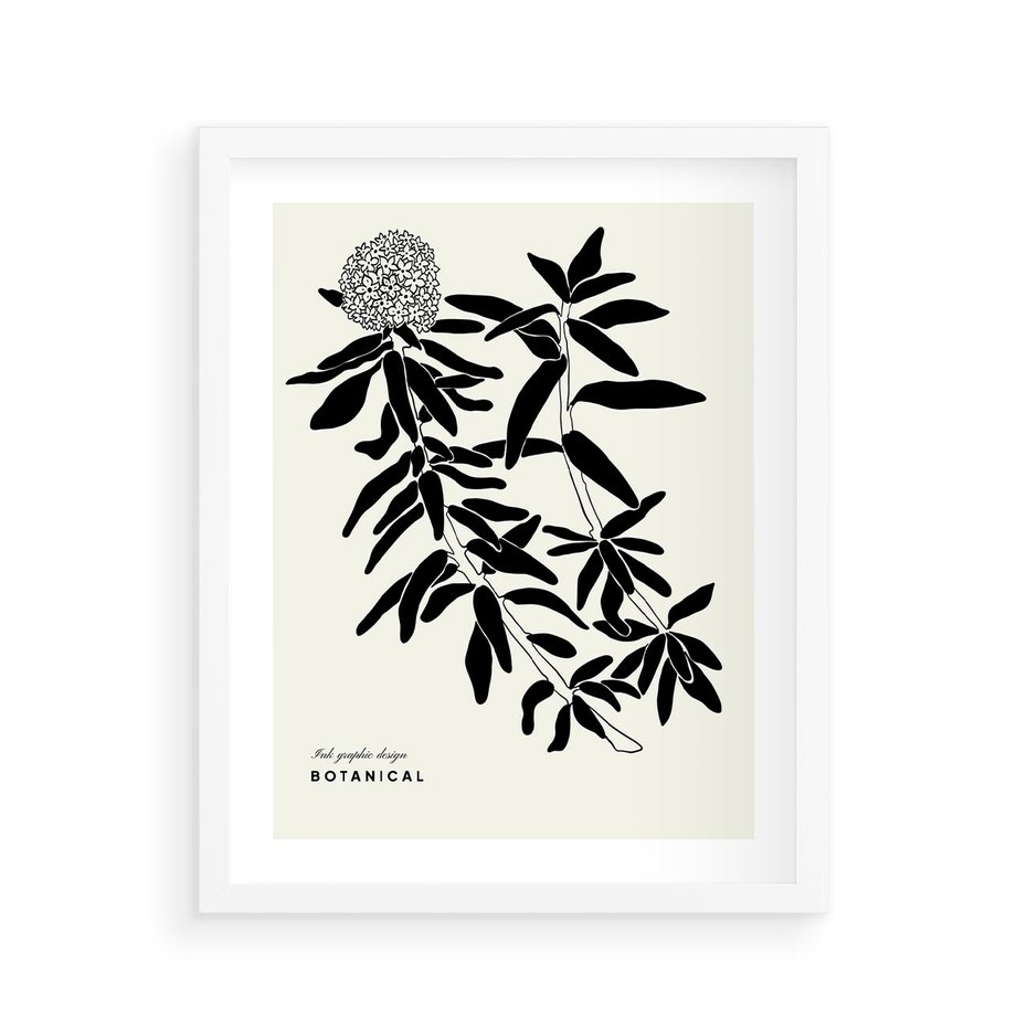 Plakat w ramie 40x50 - Szept kwiatowej wyobraźni - czarno biała grafika, roślinność - rama biała