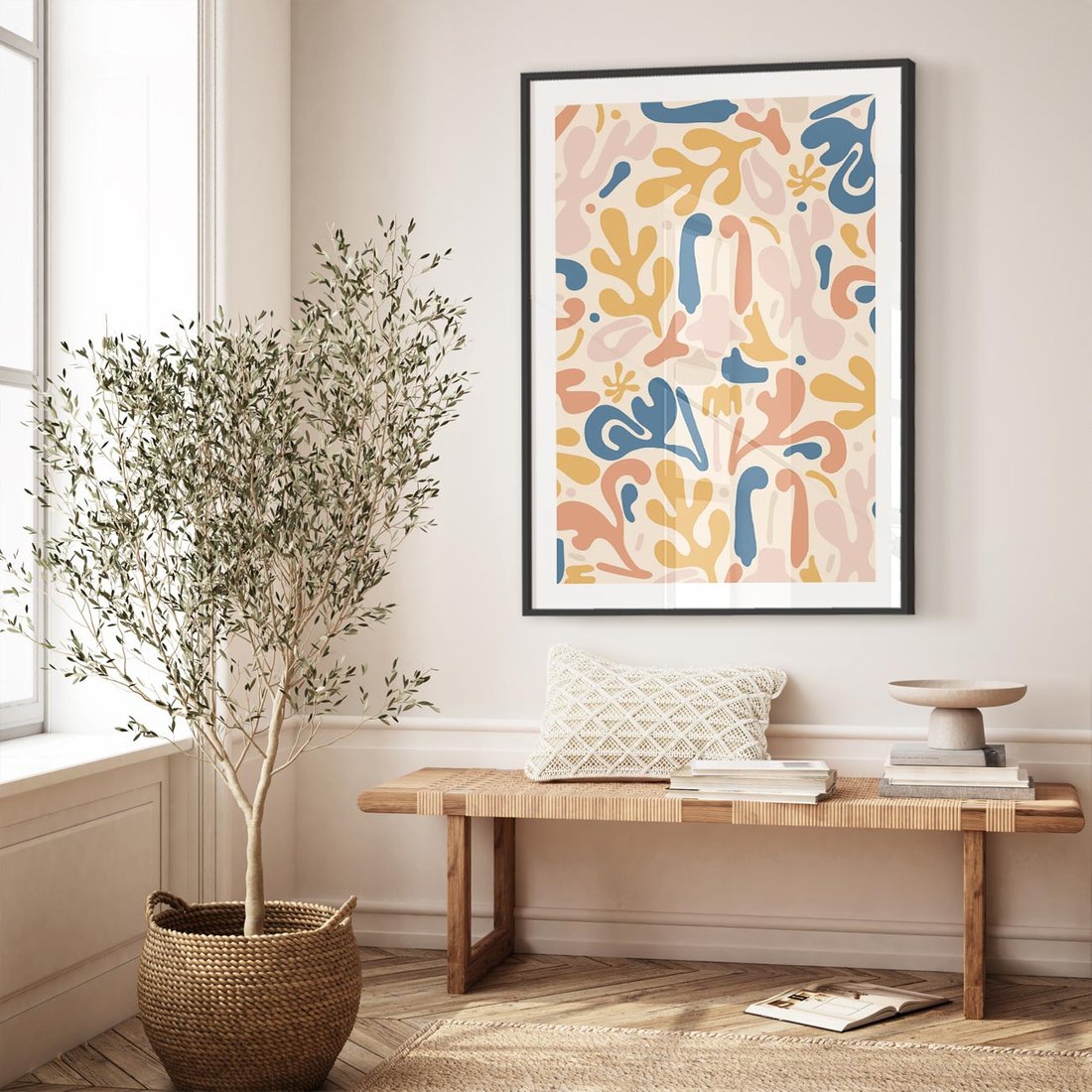 Plakat w ramie 50x70 - Symfonia Radosnych Barw - abstrakcyjne pastelowe formy, nowoczesna grafika w stylu boho - rama czarna