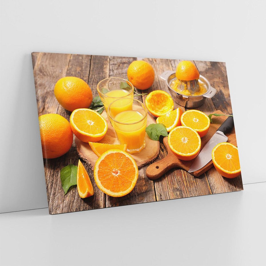 Obraz na płótnie 120x80 - Soczyste pomarańcze i soki - pomarańcze, soki