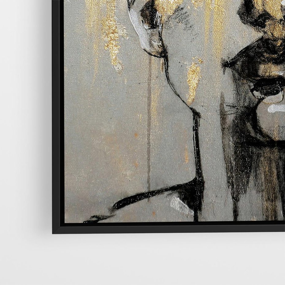 Obraz w ramie 50x50 - Kobieta - Abstrakcyjne Malowidło - złote, usta abstrakcja - rama czarna
