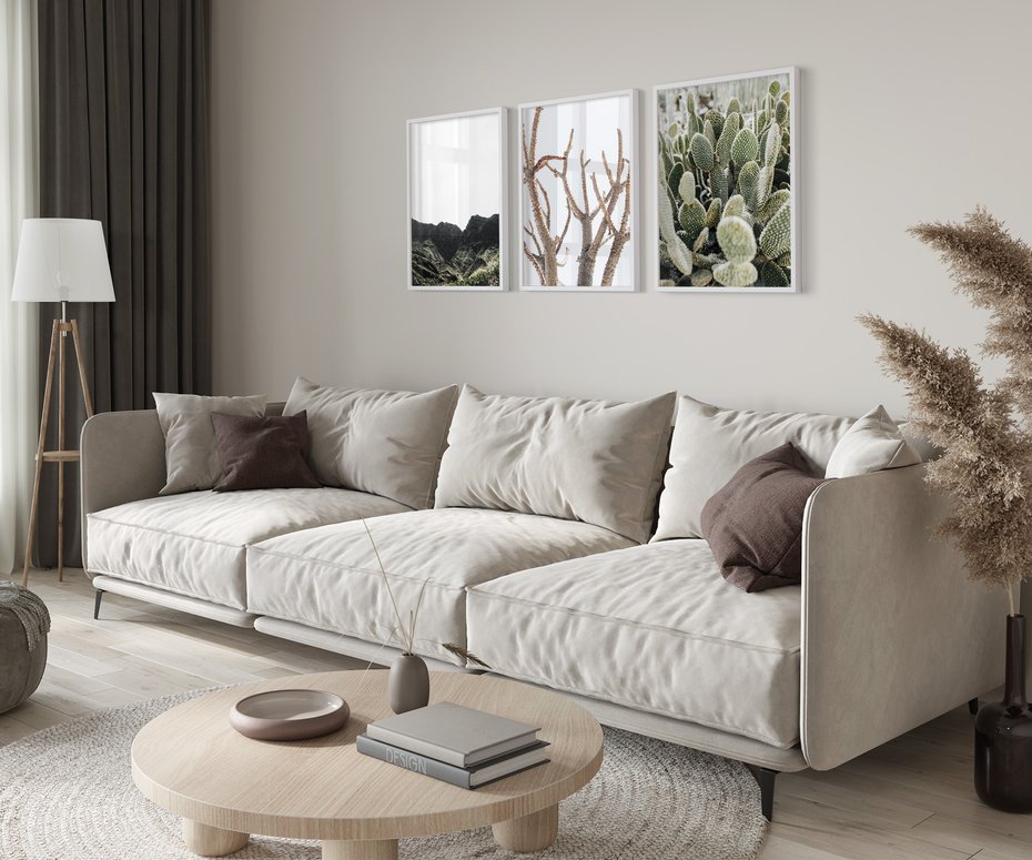 Zestaw obrazy w ramie 50x70 galeria - Pustynia, kaktusy, zieleń, boho - rama biała