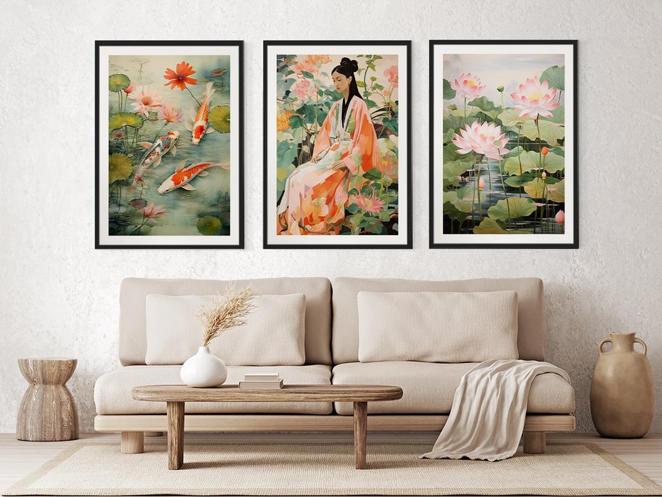 Zestaw obrazy w ramie 50x70 galeria - japonia, orient, kwiaty, japandi - rama czarna