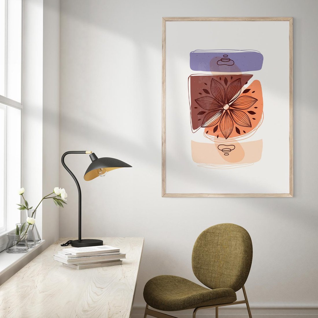 Plakat w ramie 30x40 - Kwiatowa Oaza - abstrakcyjna sztuka, plamy - rama drewno