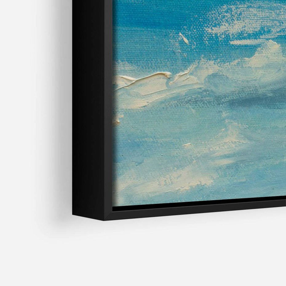 Obraz w ramie 100x70 - Oddechy niebiańskiej materii - olejny obraz, smugi farby przypominają obłoki na błękitnym niebie - rama czarna