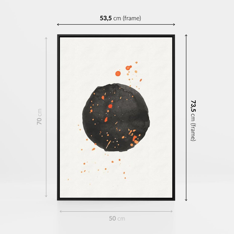 Obraz w ramie 50x70 - Wibracje Kolorów - abstrakcyjna czarna plama, rozsiane pomarańczowe kropki - rama czarna