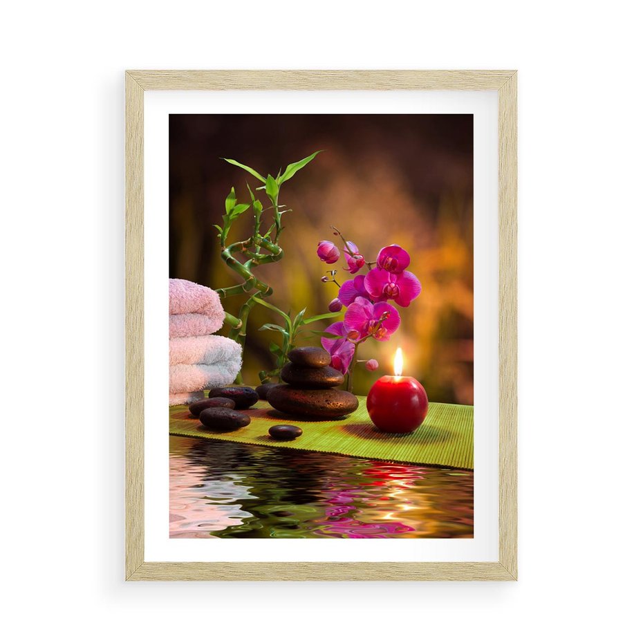 Plakat w ramie 50x70 - Światło Świecących Kwiatów w Spa - spa, świaca - rama drewno