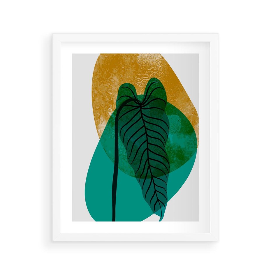 Plakat w ramie 40x50 - Zielony Liść ze Złotą Plamą - zielony liść, złota plama - rama biała