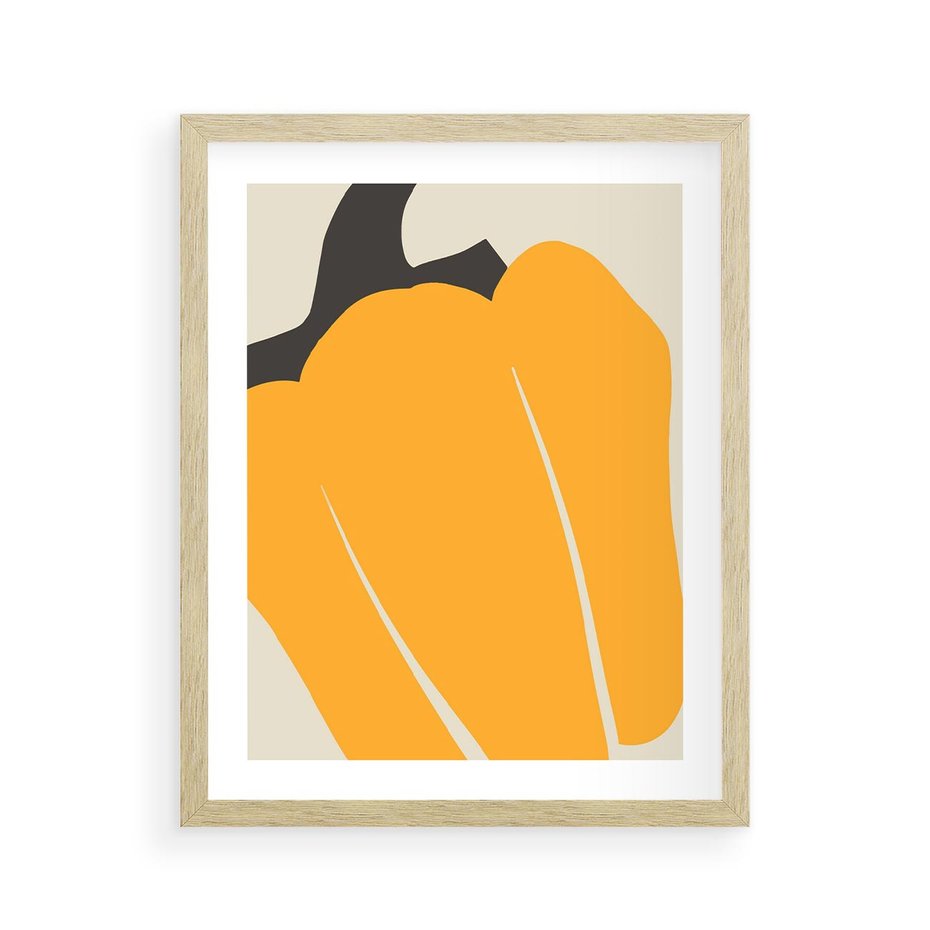 Plakat w ramie 40x50 - Migocące Formy - abstrakcyjny minimalistyczny obraz, żółta papryczka - rama drewno