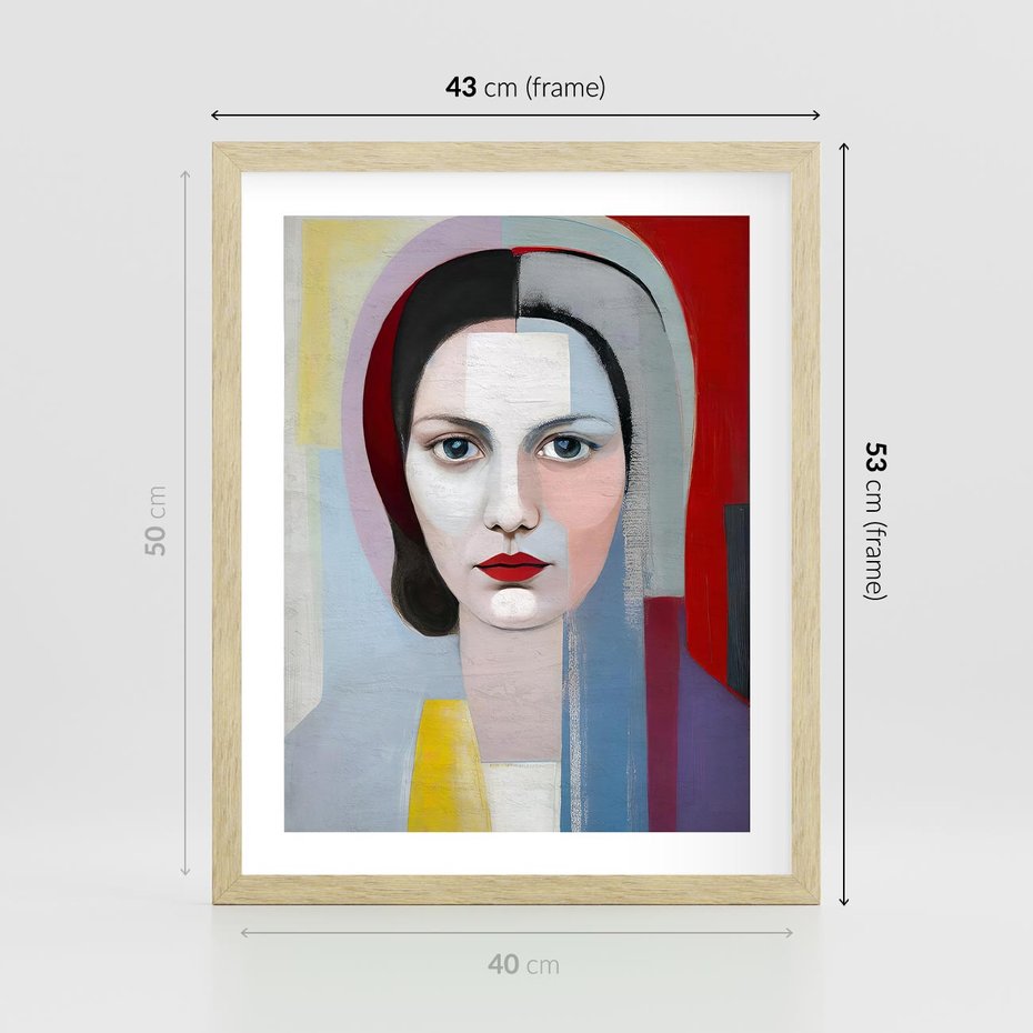 Plakat w ramie 40x50 - Kolorowe Granice Form - abstrakcyjny obraz olejny, portret twarzy kobiety - rama drewno