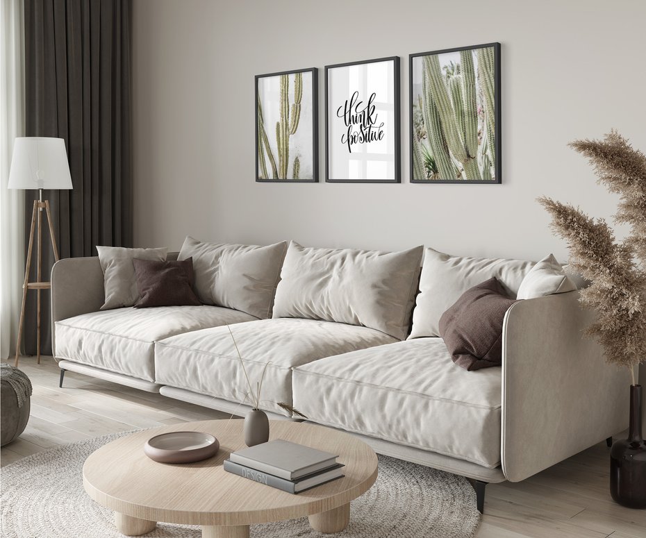 Zestaw obrazy w ramie 40x50 galeria - Think, positive, kaktusy, boho - rama czarna