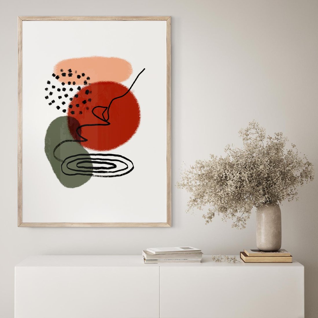 Plakat w ramie 50x70 - Boho w Brązie - abstrakcyjna sztuka, boho kształty - rama drewno